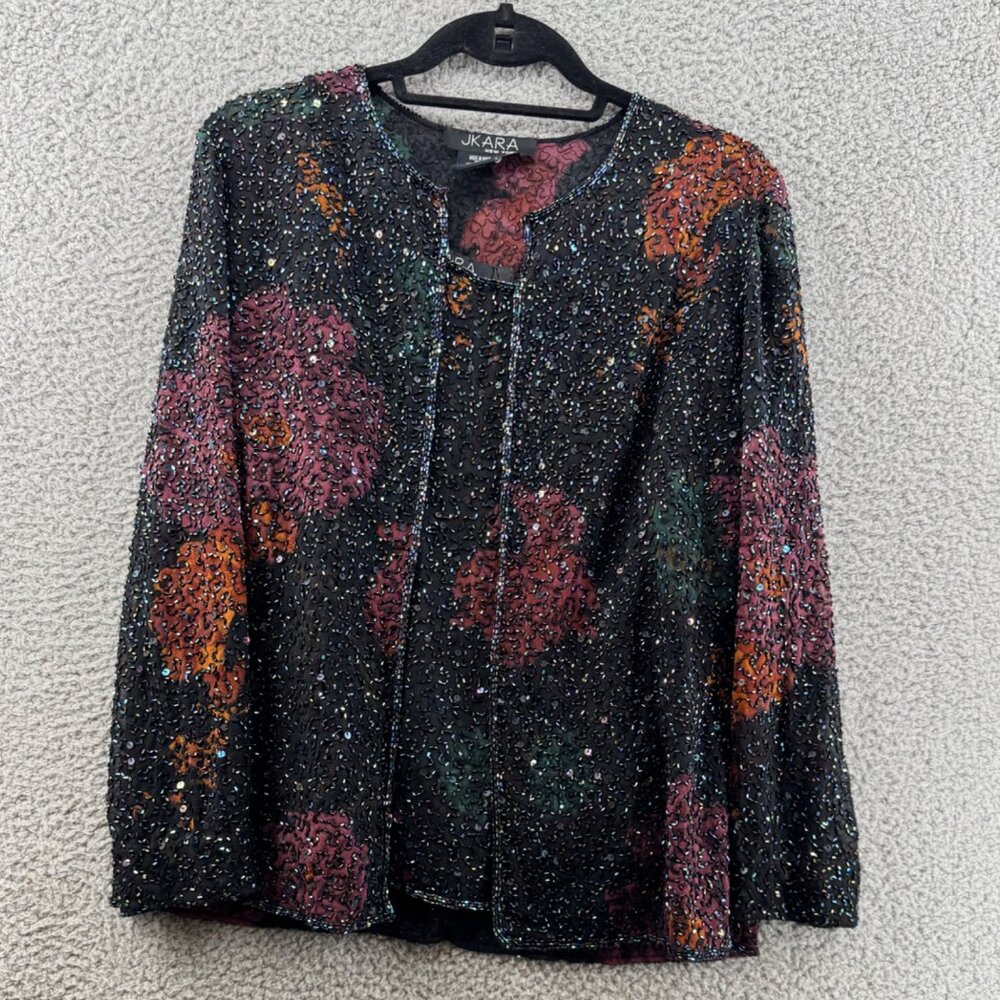 Vintage J Kara Womens Floral Sequin Jacket & Tank Top Set Size Small